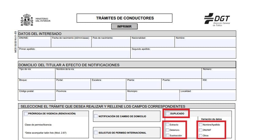 Pérdida de carnet de conducir. Impreso de solicitud de duplicado