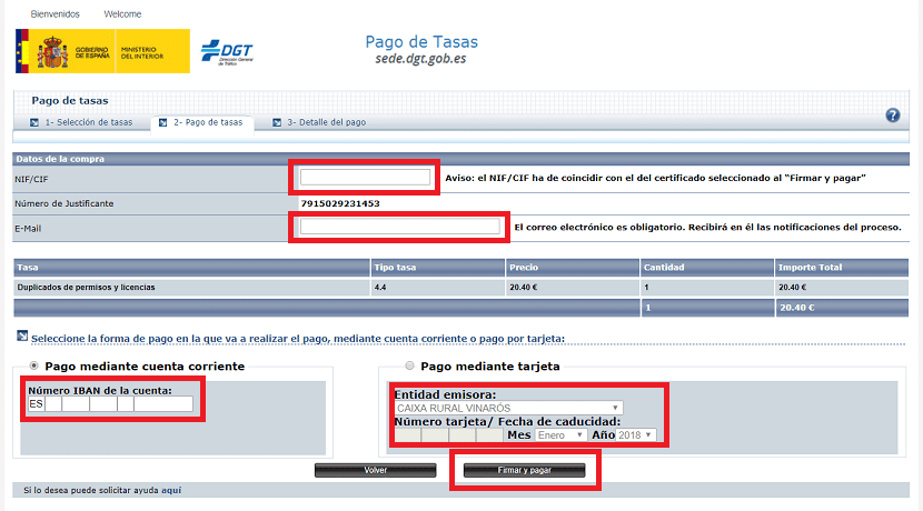 Introduce los datos para pagar las tasas de Trafico