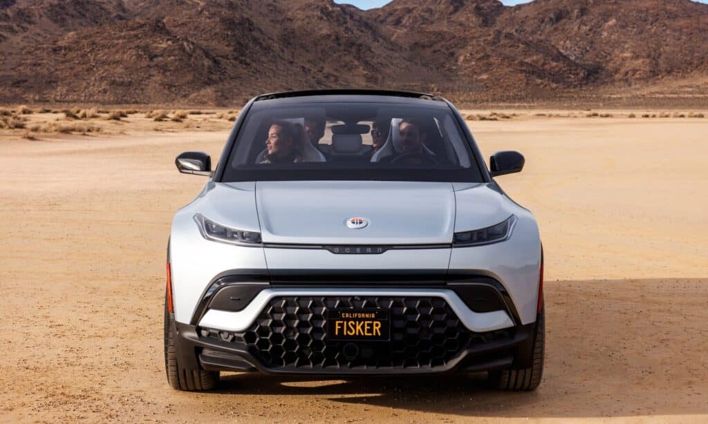 Fisker Ocean Silver in Rabbit Lake; Group sitting inside car; front view