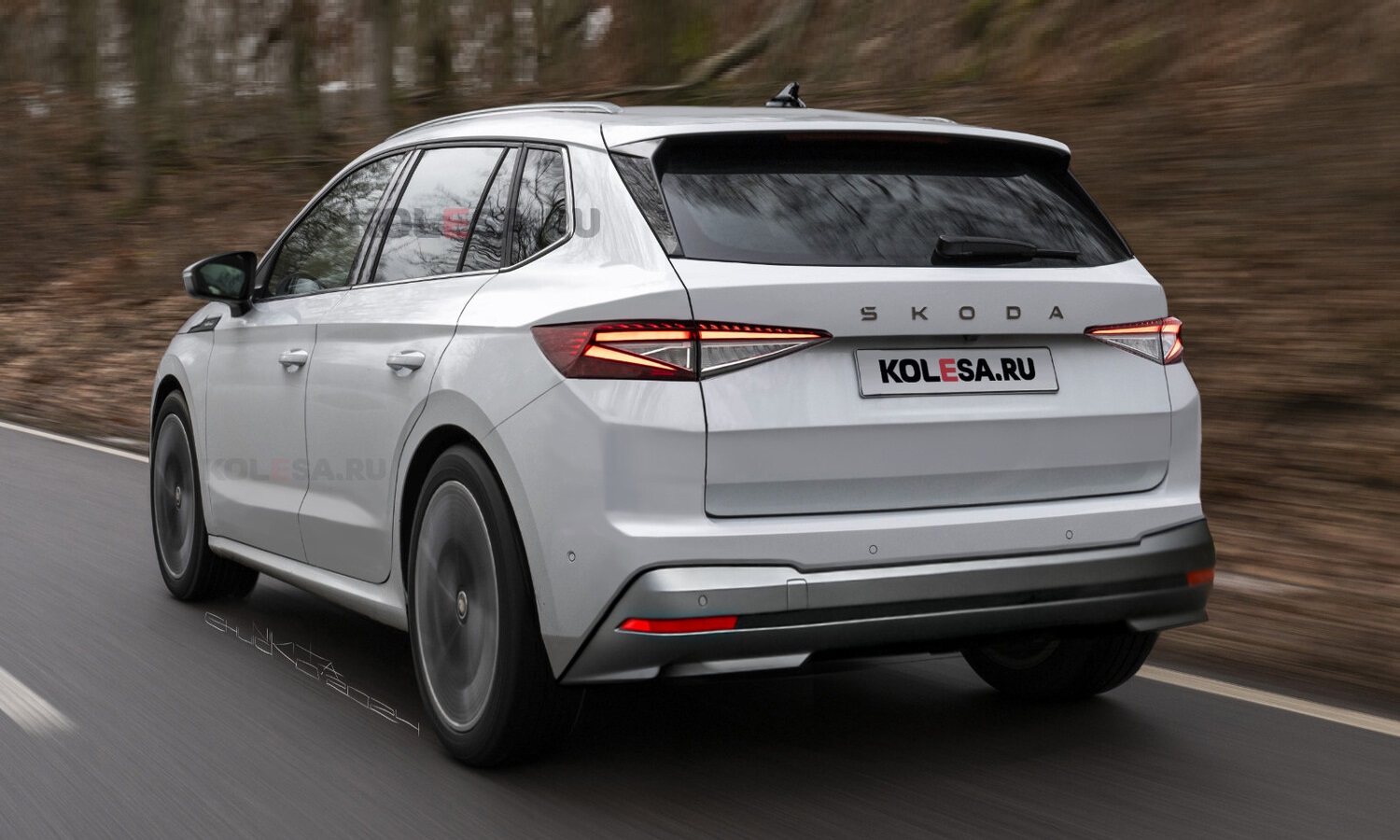 Skoda Elroq rear-side render by Kolesa