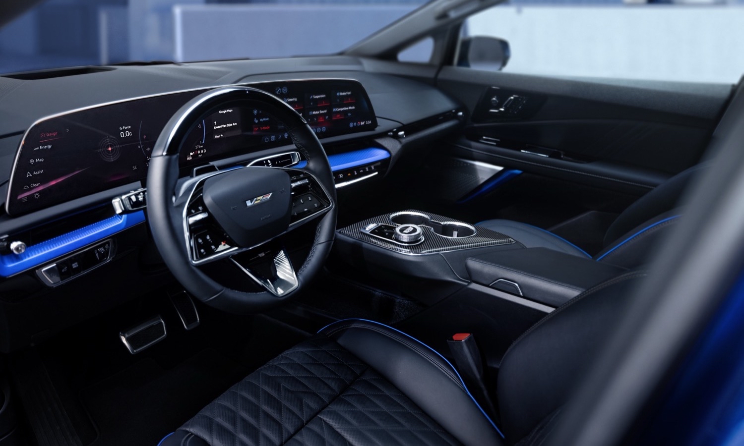 The 2026 Cadillac OPTIQ-V in Noir with Santorini Blue accents interior palette