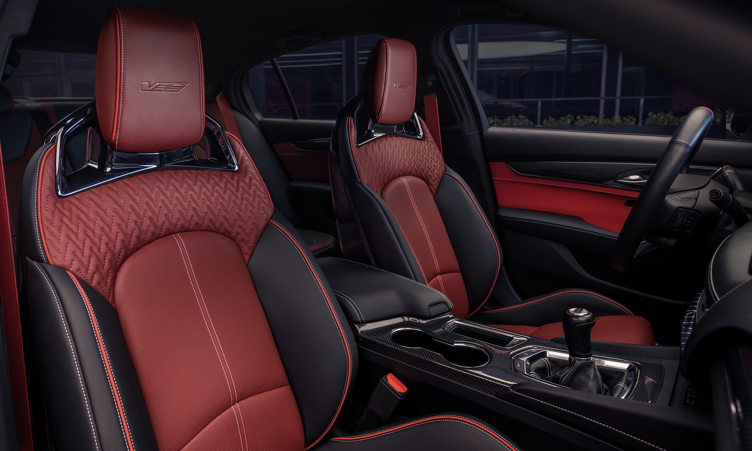 Interior view of the Curated by Cadillac 2026 Cadillac CT5-V Blackwing with Morello Red, Adrenaline Red and Jet Black interior colors.