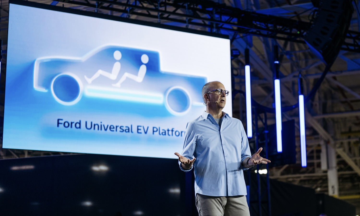 Doug Field, the chief EV, digital and design officer at Ford Motor Company, speaks at Louisville Assembly Plant as Ford shares its plans to design and assemble breakthrough electric vehicles in America on August 11, 2025.