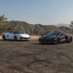 The 2027 Chevrolet Corvette Grand Sport Launch Edition in Arctic White and Grand Sport X in Pitch Gray Metallic positioned side by side, representing the next chapter of blended heritage-inspired design with a next-generation V8 engine that produces more torque than any other naturally aspirated V8 before it.