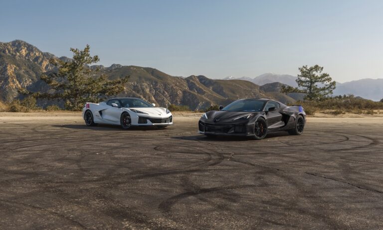 The 2027 Chevrolet Corvette Grand Sport Launch Edition in Arctic White and Grand Sport X in Pitch Gray Metallic positioned side by side, representing the next chapter of blended heritage-inspired design with a next-generation V8 engine that produces more torque than any other naturally aspirated V8 before it.